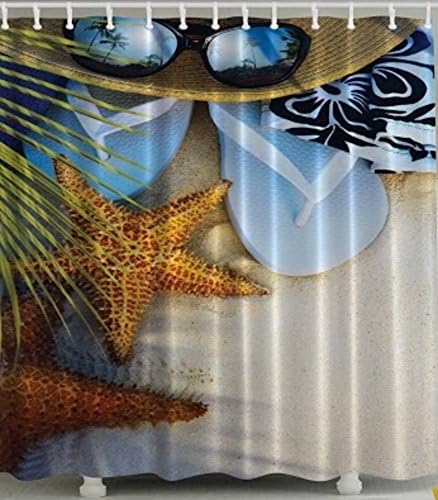Starfish Palm Tree Beach Summer Cabana Shower Curtain - Water, Soap, and Mildew resistant - Machine Washable - Shower Hooks are Included