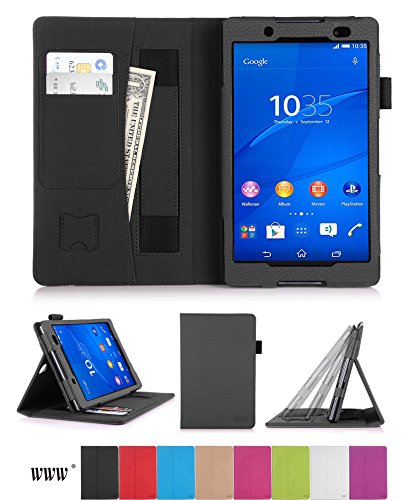 Sony Xperia Z3 Compact Tablet Case Cover, WWWÂ® Premium Leather Case Stand Cover with Card Slots, Pocket, Elastic Hand Strap and Stylus Holder for Sony Experia Z3 Compact Tablet Black (With Auto Wake/Sleep Feature)