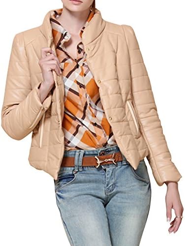 IDNS Women's PU Quilted Cropped Stand Collar Cotton Padded Moto Jacket S Khaki