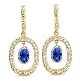 Duo Oval, Vintage Diamond Earrings In 18K Yellow Gold With A 1.00 ct. Genuine Blue Sapphire Center Stone.