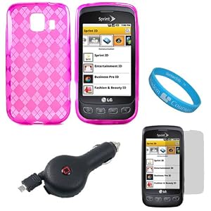 Pink Argyle Rubberzied TPU Silicone Skin Cover Case for Sprint LG Optimus S (Model LG670KIT) + Clear Screen Protector + Black Retractable Car Charger with IC Chip + SumacLife TM Wisdom Courage Wristband