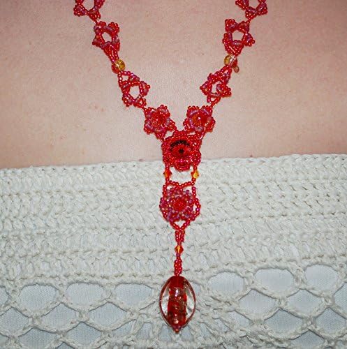 Fire Lace Necklace with Red Glass Seed Beads, Red Swarovski Crystal, and Red and Yellow Glass Beads