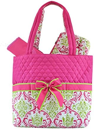 Quilted Damask Print 3pc Diaper Bag (Fuchsia/Lime)