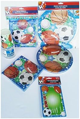 Sports Birthday Party Pack for Boys: Inlcudes Invitations, Center Piece, Banner, Plates, Napkins and Cups