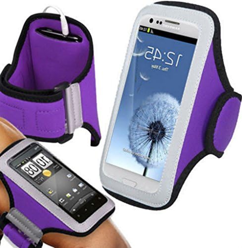 myLife Vivid Purple + Wolf Black {Rain Resistant Velcro Secure Running Armband} Dual-Fit Jogging Arm Strap Holder for HTC One M7, M8, and M9 "All Ports Accessible"