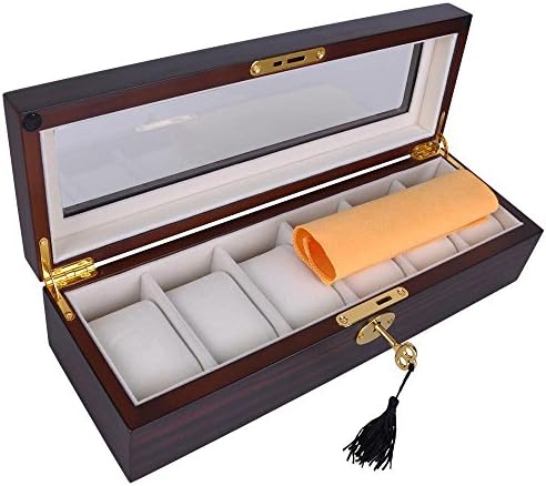 Wood Watch Storage Box Display Case Organizer with Lock and Key, 6 Watches, Ebony Wood