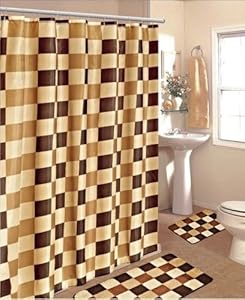 15PC CHOCOLATE BROWN CHECKERS BATHROOM BATH MATS SET RUG CARPET SHOWER CURTAIN