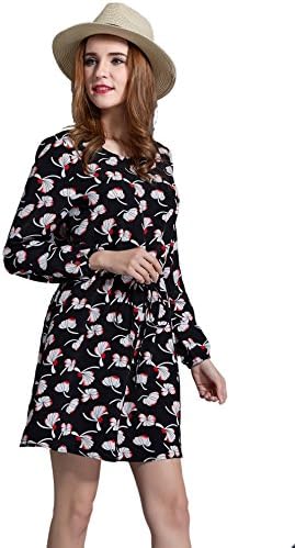 Ochanal Women's Plus Size Fashion DrawString Flower Print Waist Chiffon Dress Black 3X