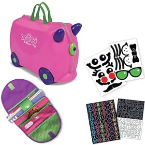 Trunki by Melissa & Doug Wheeled Carry-On Kids Luggage - Trixie Pink with Coordinating Saddle Bag and Decorative Sticker Set
