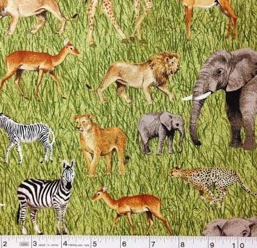 1/2 Yard - "Wildside" Wild Animals on Green Grass Cotton Fabric (Great for Quilting, Sewing, Craft Projects, Throw Pillows & More) 1/2 Yard x 44"