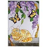 Tabby Cat Yellow Butterfly Vertical Art Glass Panel Wall Hanging Suncatcher 20 x 14