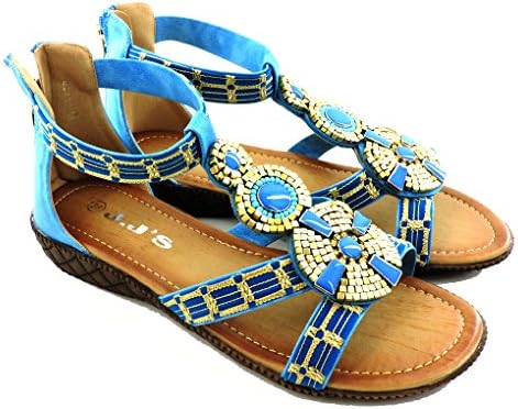 Gladiator Sandals Fashionista Forever Comfortable Strappy Handbeded Women's (38-7(M), Blue)