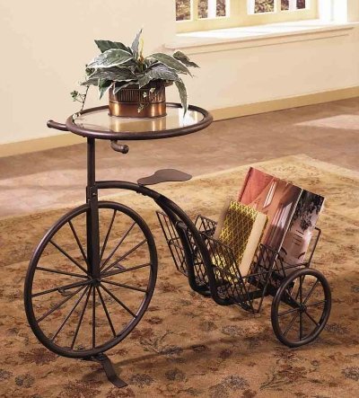 Tricycle Accent Table Magazine Rack with Glass Inset in Antique Rust Finish