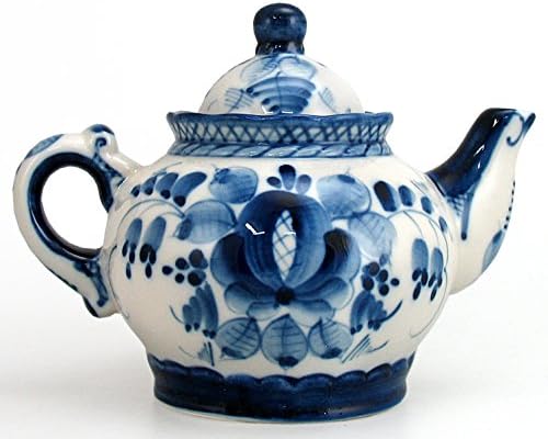 Gzhel: Hand Crafted Pottery Inspired Porcelain Tea Pot, Handpainted Blue and White Decor, Limited Authentic Eastern European Tableware