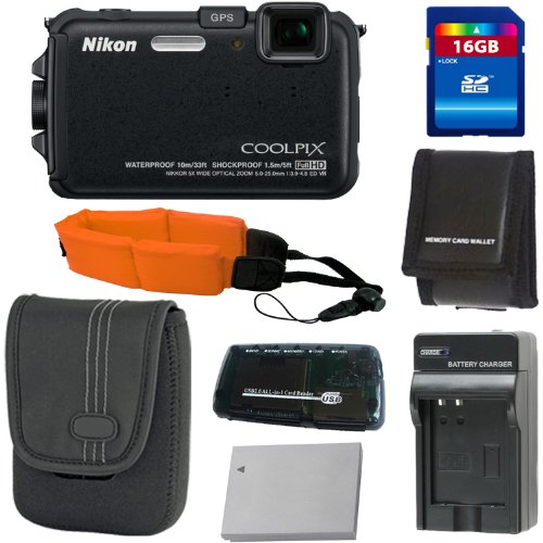Nikon COOLPIX AW100 16 MP CMOS Waterproof Digital Camera with GPS and Full HD 1080p Video (Black) + EN-EL12 Replacement Battery (Generic) + 16GB Deluxe Accessory Kit