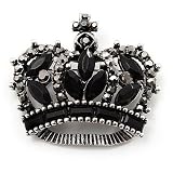 Black CZ Crown Brooch In Burn Silver Metal
