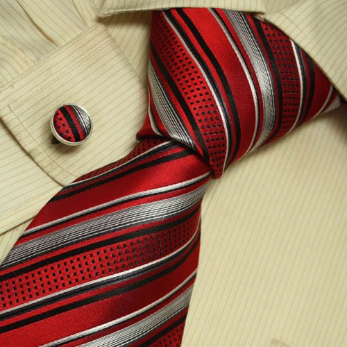 Red Striped Designer Ties for Men Stripes Dad's Present Handmade Silk Neck Tie Cuff Links Set 5202