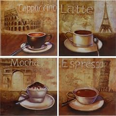 4 x "KAFFEE" - Wandbild auf Leinwand - je 25 x 25 cm - Kunstdruck auf Holz-Rahmen - Deko Bilder f�r K�che oder Restaurant - Motive: CAPPUCCINO - LATTE - MOCHA - ESPRESSO - PARIS - ROM - PISA