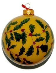 Home: Hand Painted Glass Ornament, Yellow with Holly-Berries CO-116 - World Treasure Trading Company