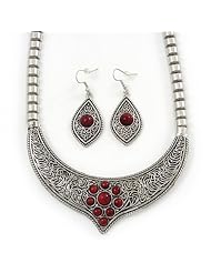Ethnic Burn Silver Hammered, Red Ceramic Stone Necklace With T-Bar Closure & Teardrop Earrings Set - 42cm Length