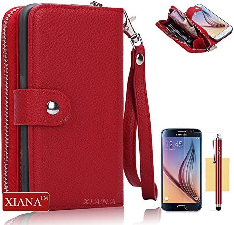 Galaxy S6 Case, XIANA New Lichee Pattern PU Leather 2 in 1 Zipper Wallet Case Suitable for Samsung Galaxy S6, with Stylus, Cleaning Cloth and Screen Protector-(Red)