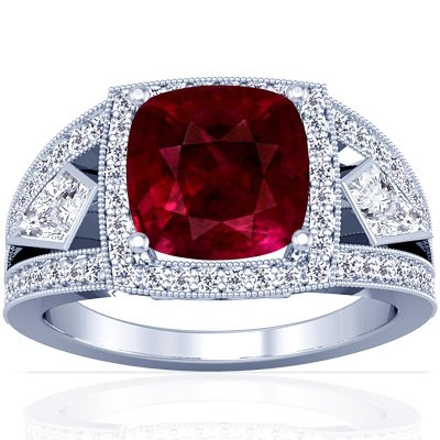 Platinum Cushion Cut Ruby Ring With Sidestones (GIA Certificate)