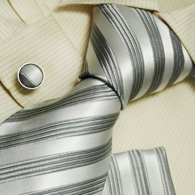 White stripes designer Inspired ties silver boyfriend presents accessories silk ties hanky set H5112