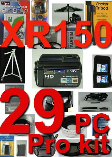 Sony HDR-XR150 29 Piece Pro Kit With 5 Years Extended Warranty , Lens Cleaning Kit , Card case Holds 3 cards , High speed card reader , Table top Tripod , Camcorder Light , LCD protector , 4GB high speed card , 3 piece Filter kit , Rain sleeve , Soft case , 2X Professional High Definition telephoto Lens , 0.5 X professional high Definition wide Angle Lens , Close-up Macro Set , Deluxe camcorder Bag , Pop Abrella , HDMI Cable , External Microphone , Extra High power Battery , Rapid Battery Charger
