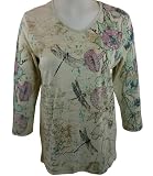 Cactus Bay Apparel Rhinestone Highlighted, Artistically Printed, 3/4 Sleeve, Crew Neck, Ivory Colored, Cotton Woman's Fashion Top - Vintage Dragonfly