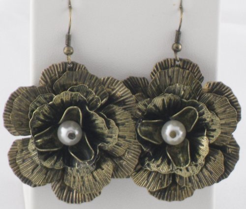 Bronze Rose Earrings with White Bead Inlay