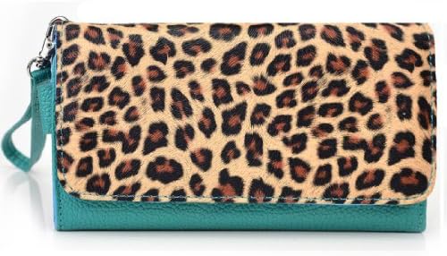 EXXIST® Metro Safari Series. Patent Leather Women's Wallet / Clutch for ZTE N9510 Boost Warp 4G (Color: Leopard / Aqua Green) -ESMLMTT1