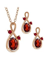 2.08 Ct Oval Red Garnet Gold Plated Sterling Silver Pendant Earrings Set