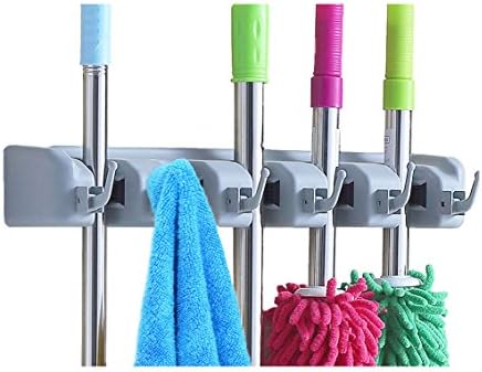 Surick Mop and Broom Holder ,Storage Tool for Broom Organizer Rack Attachments with 5 Ball Slots and 6 Hooks(Gray)