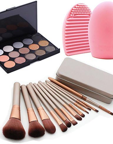 Usw 12Pcs Cosmetic Makeup Tool Blush Foundation Brush Set Box +15Colors Shimmer Eyeshadow Palette+1PCS Brush Cleaning Tool , brown