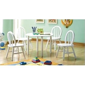 Click here to buy 5pc White Finish Wood Children Table and 4 Chairs Desk Set Kid Furniture by AtHomeMart.