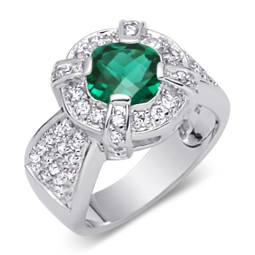 Breathtaking 1.25carats total weight Cushion Cut Checker Board Created Emerald & White CZ Size 6 Gemstone Ring in Sterling Silver