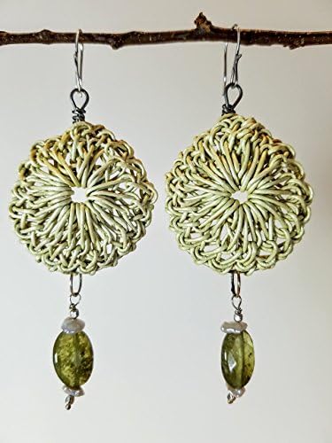 Pale Celery Green Leather Rosette Earrings on Titanium Hoops withGreen Faceted Garnets and Keishi Pearls with Sterling on Sterling Silver Earwires - 100% Handmade