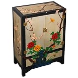 EXP Hand-painted Furniture - 32" Gold & Black Lacquer Wood Storage Cabinet W Painted Floral Motif