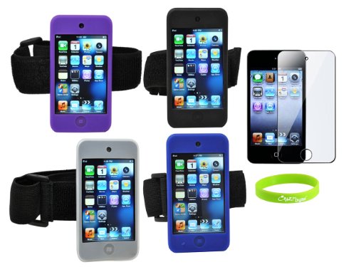 CrazyOnDigital (Touch5_Skn_Arm_4pks_Scrn_WR) Clear Armband Skin Case, Cover with Screen Protector for Apple iPod Touch 5G - Black/Blue/Purple