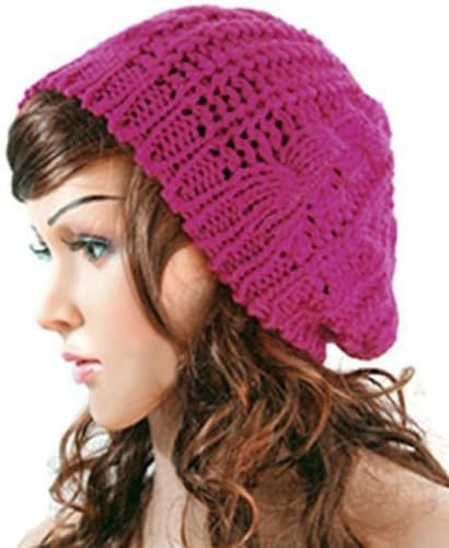 GMB Winter Baggy Beret Chunky Knit Knitted Braided Beanie Hat Ski Cap for Women Lady Girl (Hot Pink)