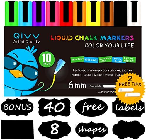 10 Colors - QIVV Liquid Chalk Marker Pens - 6mm Reversible Tip (CHISEL/BULLET) - Premium Wet Erase Chalk Markers - Windows, Menu, Bistro, Whiteboards [Free 2 Reversible Tip + 16 Chalkboard Labels]