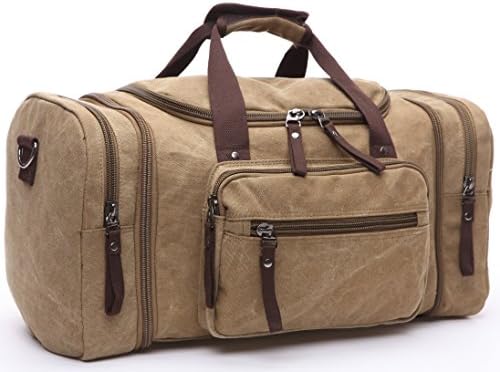 Xiebag Travel Canvas Tote Luggage Boston Bag Overnight Travel Duffle Bag(Khaki)