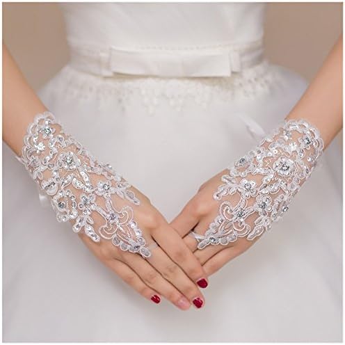 Casualfashion Women's White Lace Fingerless Rhinestone Bridal Gloves for Wedding Party