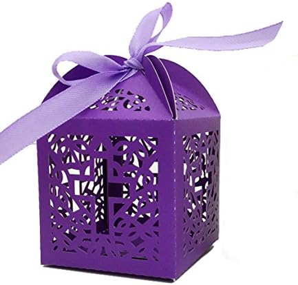 50 Pack Creative Purple Hollow Out Cross Laser Cut Favor Candy Box for Baby Shower Wedding Birthday Party with Ribbon