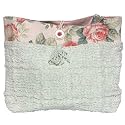 ArtisanStreet's Vintage Chenille Tote in Light Green. Features Mix of Green Chenille & Pink Floral Fabric on Beige Background. Closes with Two White and One Red Vintage Button. Handcrafted, One of a Kind.