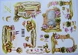 A4 3D step by step Le Suh decoupage sheet - garden gate, bench