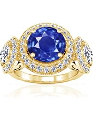 14K Yellow Gold Round Cut Blue Sapphire Ring With Sidestones (GIA Certificate)