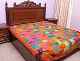 Multi-Color Printed Patchwork Bedcover from Ranthambore with Kantha Embroid ....