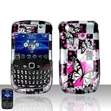 Black Check Butterfly Snap on Design Case Hard Case Skin Cover Faceplate for Blackberry Curve 8520 8530 + Screen Protector Film