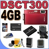 Sony Cybershot DSC-T300/R 10.1MP Digital Camera (Red) with 5x Optical Zoom PLUS 4GB ProDUO Memory Stick - Extra Lithium Ion Battery - External Rapid Charger - DSCT300R BigVALUEInc Accessory Saver Bundle + MORE